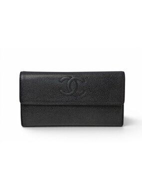 Chanel Wallet Caviar Leather Black CC Logo
